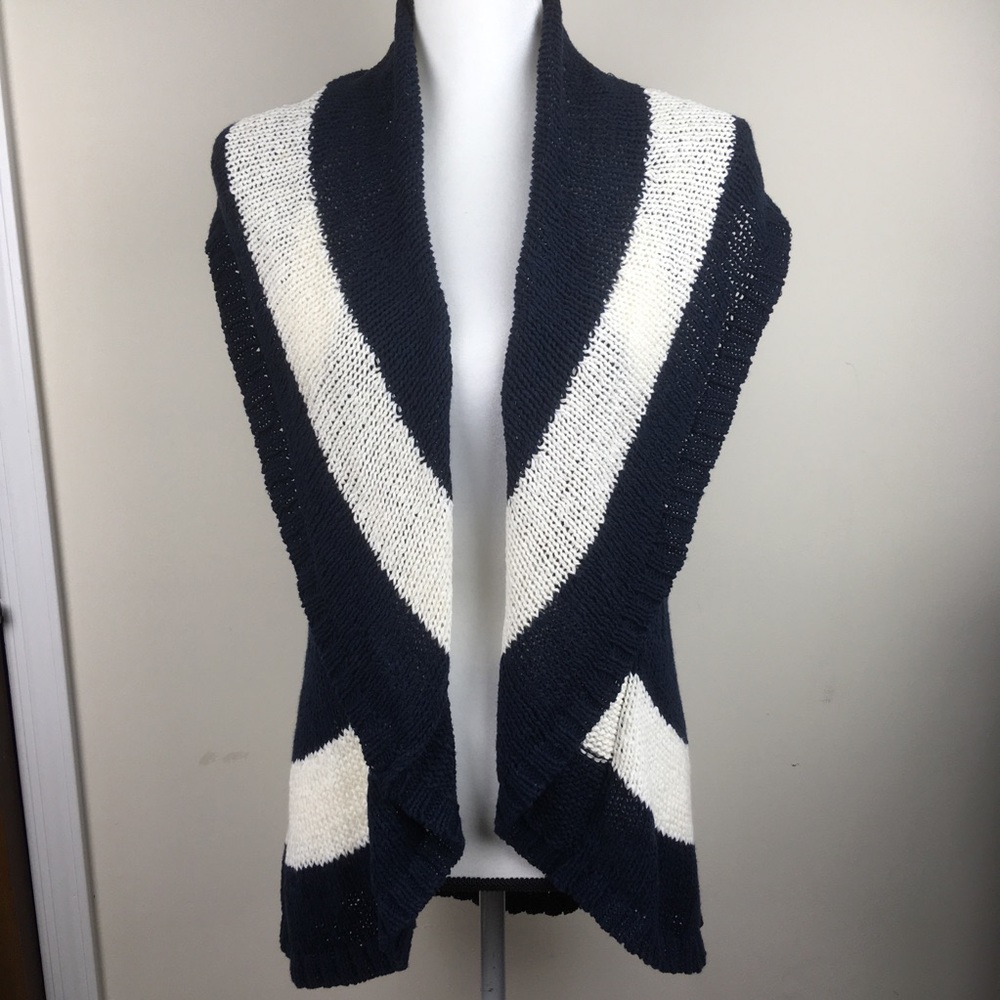 CAbi Navy and White Open Front Striped Knit Cardigan